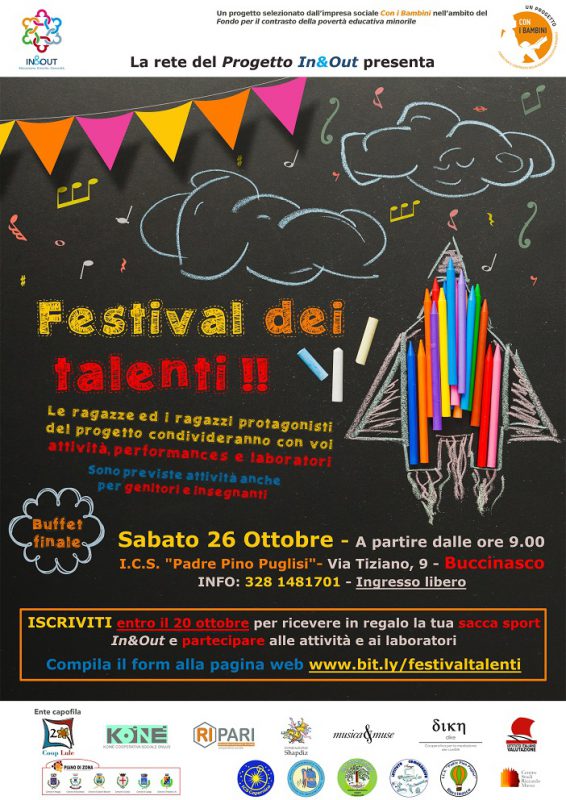 Locandina festival talenti progetto in&out. Scuola media buccinasco contro la dispersione scolastica