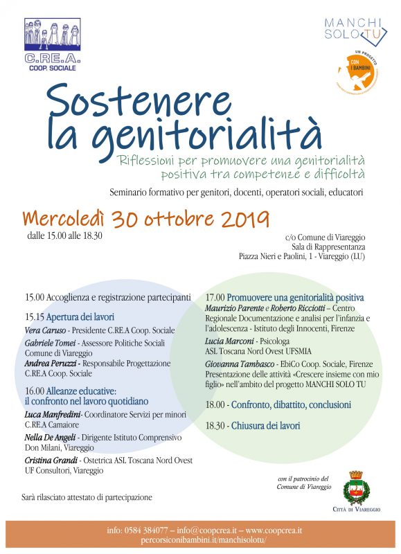 Seminario sostenere la genitorialità, 30 ottobre 2019 a Viareggio, grazie al progetto Manchi solo tu di Crea cooperativa sociale