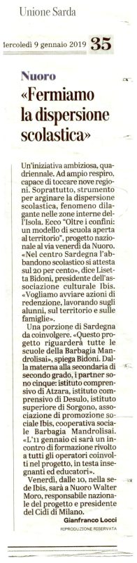 "Fermiamo la dispersione scolastica" - articolo del 9 gennaio 2019 sull'Unione Sarda sul progetto Oltre i Confini