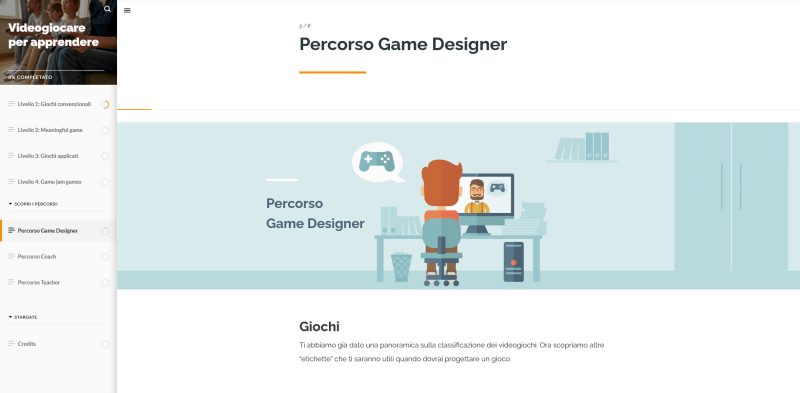 Una delle pagine del corso "Videogiocare per apprendere"