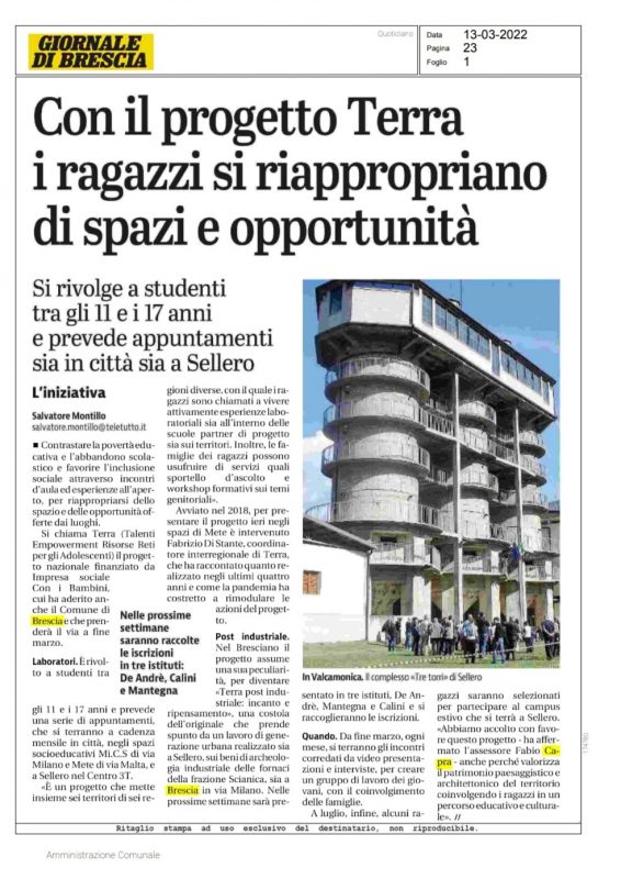 Articolo Giornale di Brescia, T.E.R.R.A. postindustriale 